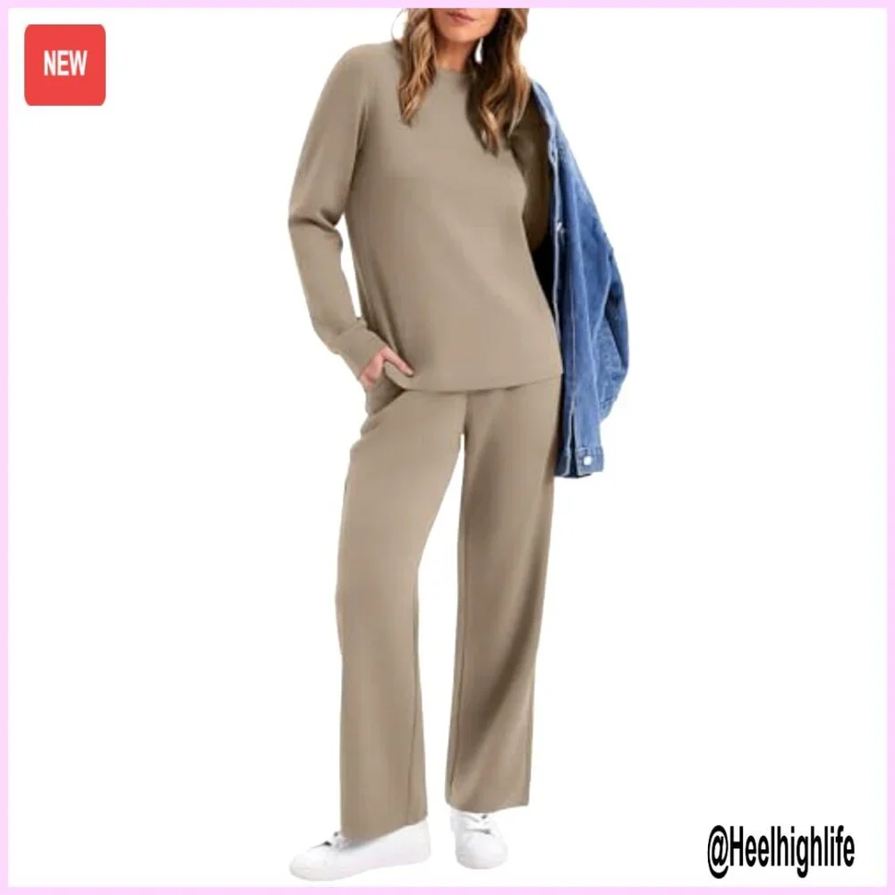 Women's Medium 2-Piece Lounge Set, Long Sleeve Crew Neck & Wide Leg Pants